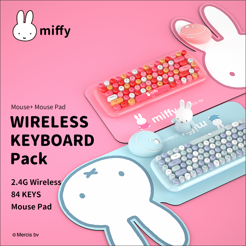 Mipow X Miffy Wireless Keyboard Mouse Combo with Mouse pad Round Keycaps,  2.4G, Gaming for Windows, Computer, Desktop, PC, Notebook, Laptop