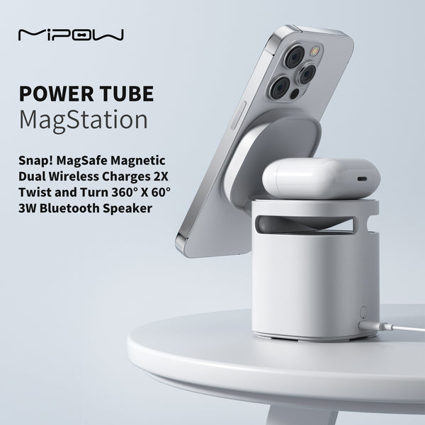 MIPOW PowerTube MagStation is 3 in 1 Magnetic 15W Wireless Charger Docking  Station w/ 3W Bluetooth Speaker for Apple MagSafe for iPhone 14/13/12